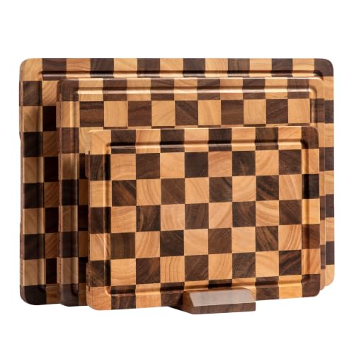Fyctio 3-Piece Checkered Walnut & Rubber Wood Cutting Board Set with Stand, 17"L x 12"W