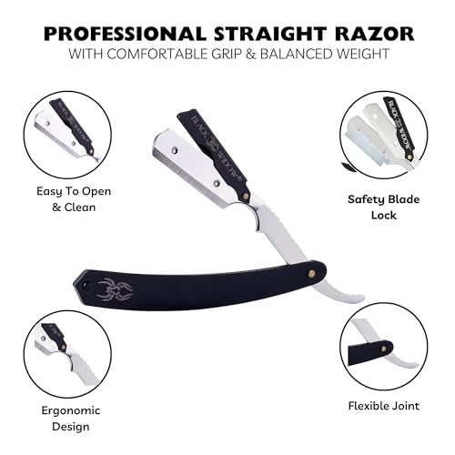 Black Widow Professional Barber Straight Edge Razor - Black, 1.5mm Blade Exposure, Stainless Steel & Chrome, 10 Double Edge Blades