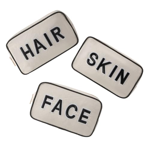 Black Hair Skin Face 3Pcs Canvas Makeup Bag Set - Chenille Letter Organizer