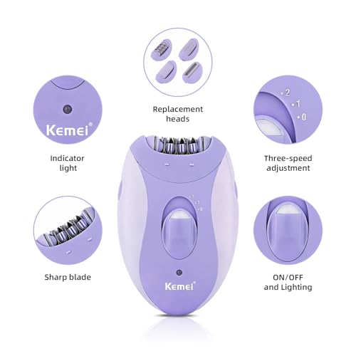 KEMEI KM-6037 4-in-1 Epilator for Face, Legs, Arms (Purple) – Head Replacement, USB Rechargeable