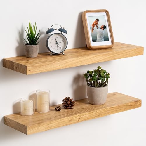 Fuqing Floating Wall Shelves - Natural Elm Flat Edge, 24 Inch, 2-Pack