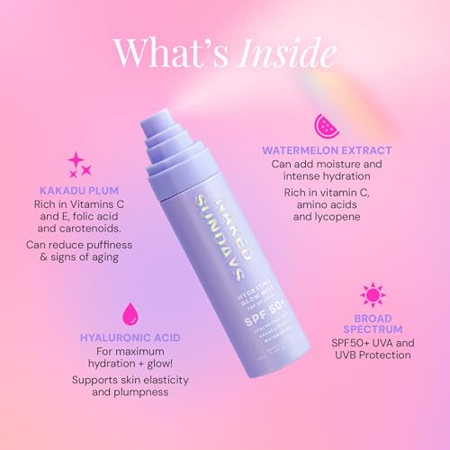 Naked Sundays Hydrating Glow Sunscreen Mist SPF 50 - Travel Size 75ml - Clear, Hydrating SPF Spray