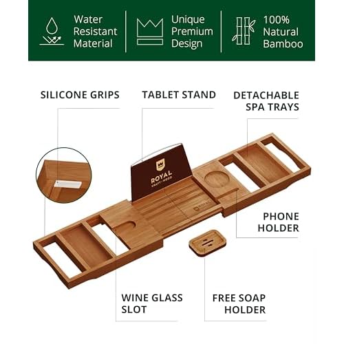 ROYAL CRAFT WOOD Premium Foldable Bathtub Tray - Wood Bath Tray for Tub, Bamboo Shelf, Expandable Bath Table Trays, Bathtub & Bathroom Accessories for New Home Gifts for Mom