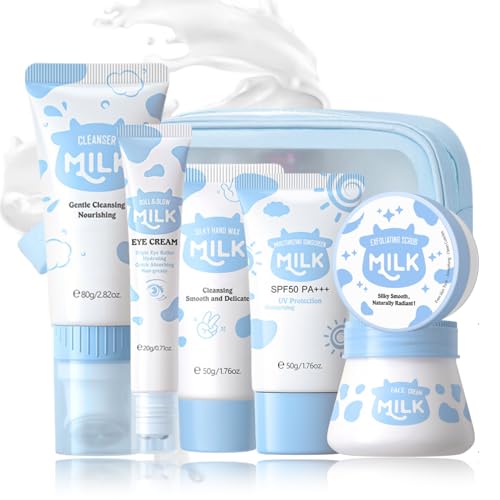Milk Skincare Gift Set for Teens 10-12 - 7pc Kit with Eye & Face Cream, Sunscreen, Travel Wash Bag