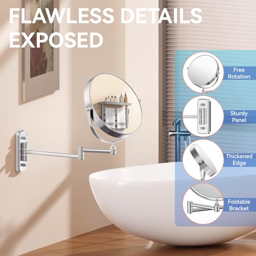 Auxmir 8'' Wall Mounted Makeup Mirror, 1X/20X Double-Sided Magnifying Mirror with Tweezer, HD Bathroom Makeup Mirror, Cosmetic Vanity Mirror with 360 Rotation Extendable Swivel Arm, Chrome