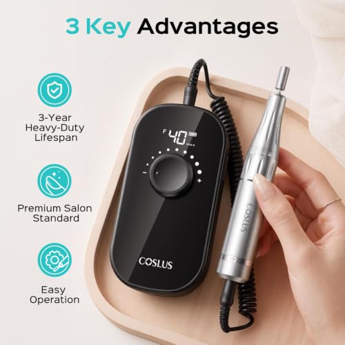 COSLUS E51 Professional Black Nail Drill with Adjustable Speed & Storage Base