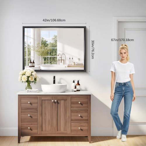 Bathroom Mirror, 42 x 30 Inch Brushed Black Rectangle 0.6" Thickened