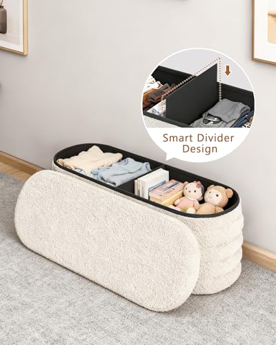 43-Inch Storage Ottoman Bench with Padded Top and Sherpa White Fabric