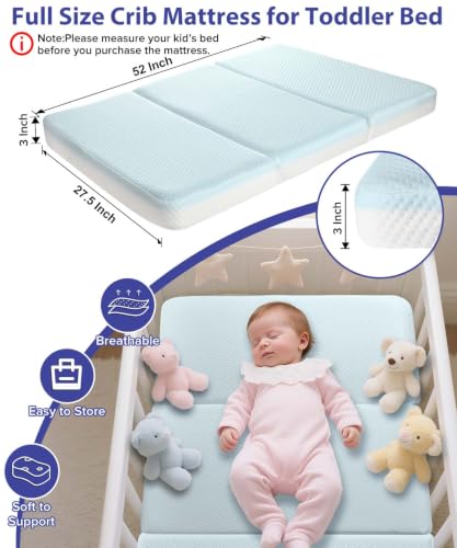 3-Inch Standard Crib Mattress for Baby Travel & Nursery - Foldable, Waterproof, CertiPUR-US Certified Foam - 52x27.5x3 Inches