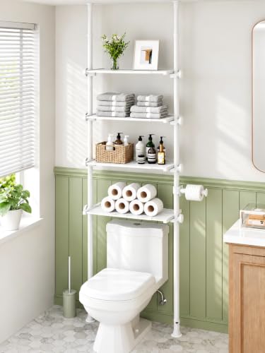 ALLZONE White Tension Mount Over The Toilet Storage Shelf – No-Drill, Slim Design