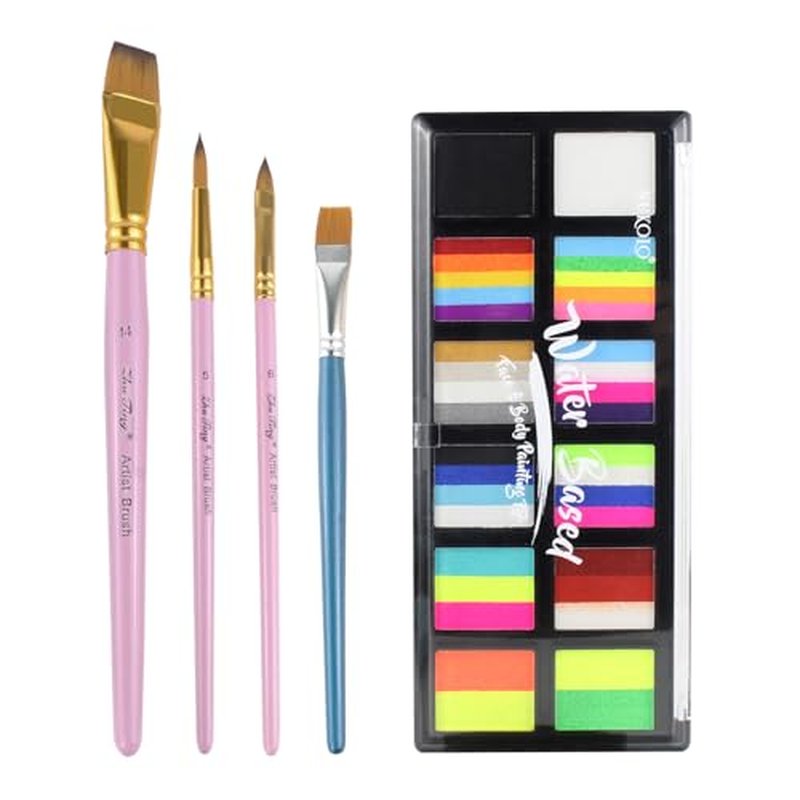 Face Paint Kit for Adults ? 12 Color Rainbow Split Cake Face Painting Kit with 4 Brushes, Water Activated Face Paint Palette, Professional Facepaint Makeup Set for Halloween Cosplay Parties