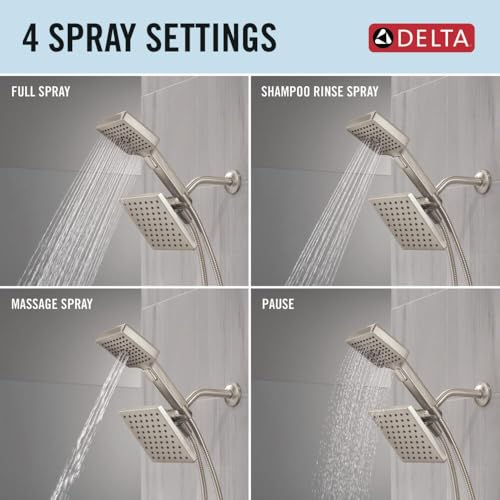 Square Dual Shower Head with Handheld Spray - Brushed Nickel, 4 Settings, 1.75 GPM
