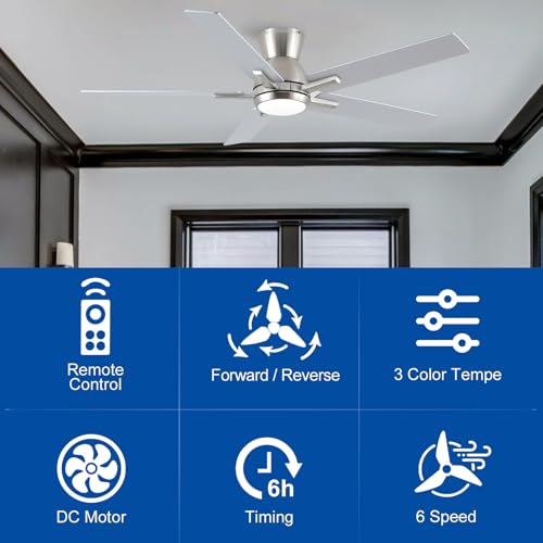 52-Inch Brushed Nickel Flush Mount Ceiling Fan with Remote & Light - Reversible Blades