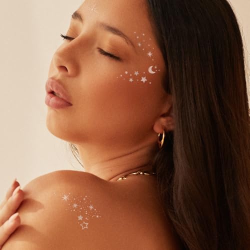 Flash Tattoos Fairy Dust Metallic Temporary tattoos-2 sheet mini pack | Includes over 23 premium silver foil giltter tattoos | face glitter, face gems, festival, face freckles, celestial, moon