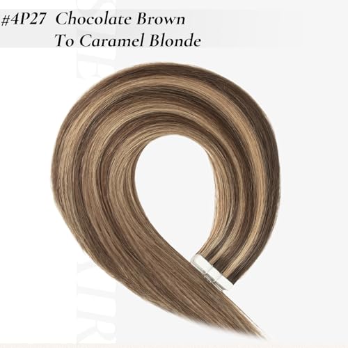 Tape-In Hair Extensions Human Hair 20pcs 22 Inch Chocolate Brown & Caramel Blonde