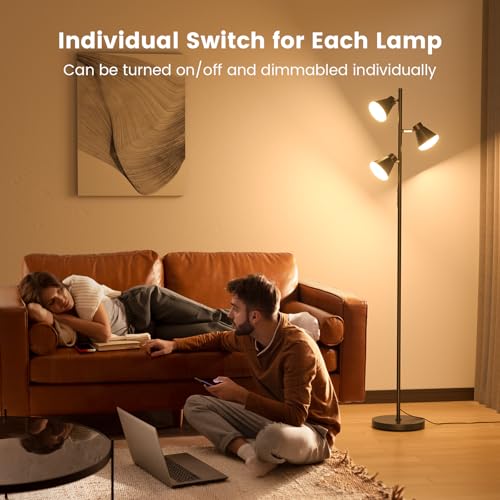 SIBRILLE 36W LED Tree Floor Lamp with Remote - Black Modern Dimmable Standing Light for Living Room & Bedroom