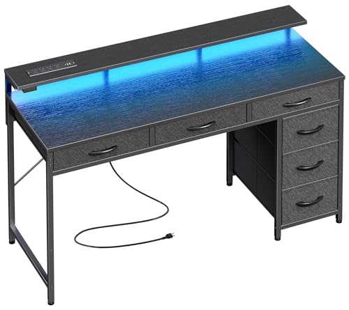 Huuger 47-Inch Black Gaming Desk with LED RGB Lights, 6 Drawers & Power Outlets