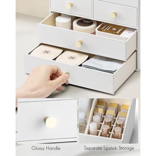 VLANDO Makeup Organizer Countertop,Large Vanity Organizer PU Leather Make up Storage with 4 Drawers Skin care Organizer Cosmetic Display Case for Lipstick,Brushes,Bedroom-White