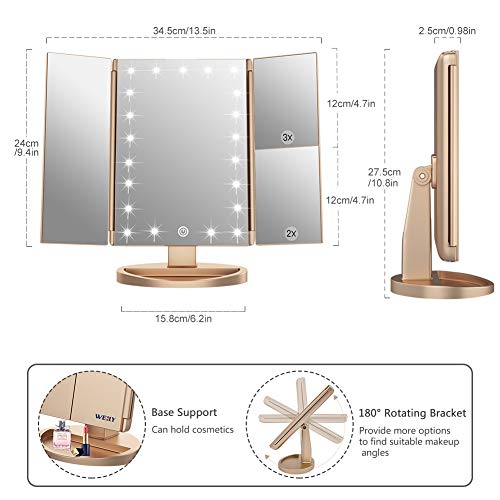 WEILY Gold Makeup Mirror with 21 LED Lights, 2X/3X Magnification, Tri-Fold, 180° Rotation, USB/Battery Power - 3.2"L x 7.5"W