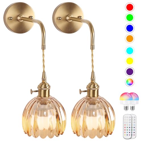 Tulip Amber Battery Operated Wall Sconce Set of 2 - Wireless Dimmable RGB Lamps with Remote