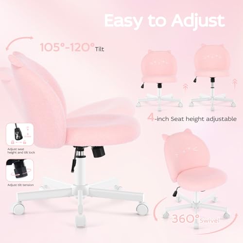 Pink Cat Vanity Chair with Plush Teddy Fleece, Armless Small Office Desk Seat - Pink-cat