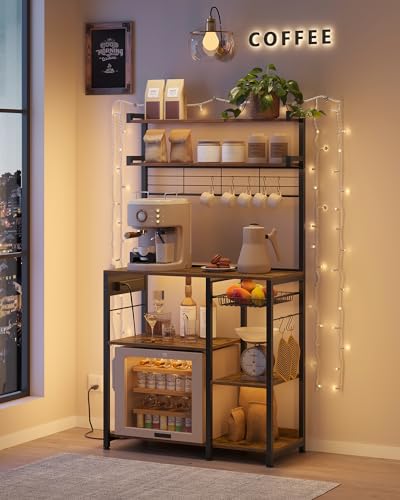 VASAGLE Rustic Brown Microwave Stand with Power Outlet, 35.4" Baker's Rack with Wire Basket & 8 Hooks