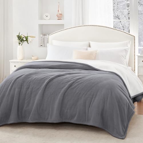Twin Size Heated Blanket with Digital Controller - Flannel & Sherpa, Auto Off, Light Grey