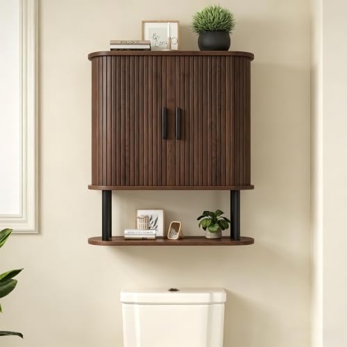 Walnut Fluted Bathroom Wall Cabinet with Tambour Sliding Door - 9.8"D x 23.6"W x 26.3"H - Modern Space Saver