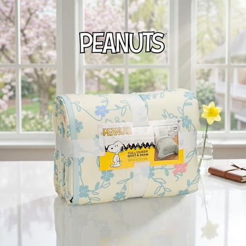 Franco Peanuts Snoopy Floral Full/Queen Microfiber Quilt Set with 2 Shams - All-Season Lightweight Bedding