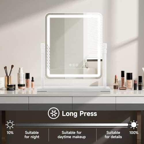 Vanity Mirror with Lights, Height-Adjustable & 360¡Æ Rotation, 1/10X Magnification, Three Color Lighting Modes, Makeup Mirror Smart Touch Control, Large Vanity Desk Mirror (17.5in,White)