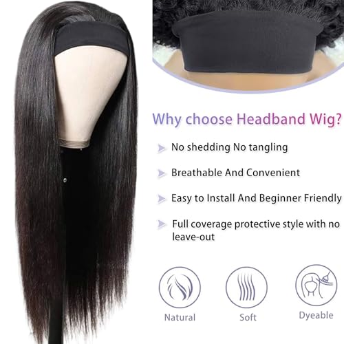 Natural Color Headband Wig Straight 12 Inch Human Hair for Black Women - No Lace, Glueless, 150% Density