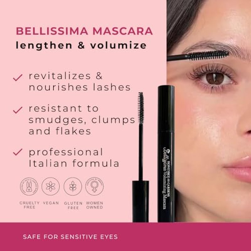 Honeybee Gardens Bellissima Volumizing Mascara, Black Lace, Lightweight Bold Lashes, Non-Smudging, Vegan, Gluten-Free, Cruelty-Free, 0.13 oz