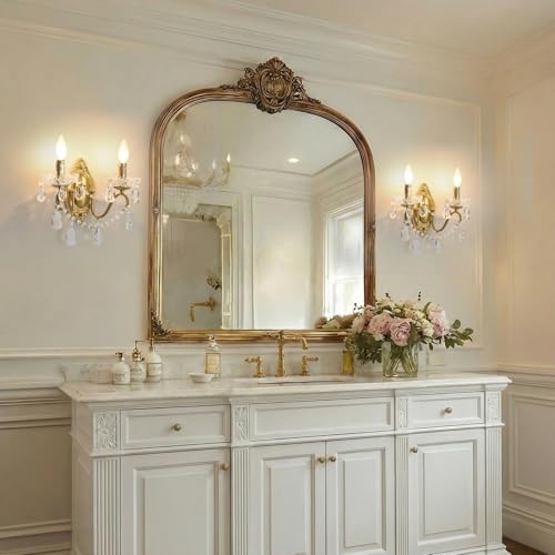 14-Inch Vintage Crystal Wall Sconces Set of Two - Bright Gold Finish with Bulbs