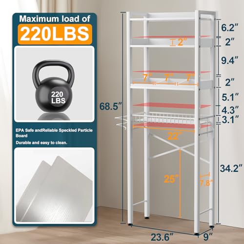 White Over The Toilet Storage Cabinet with 4 Tiers, Adjustable Shelves, Waterproof Feet Pad