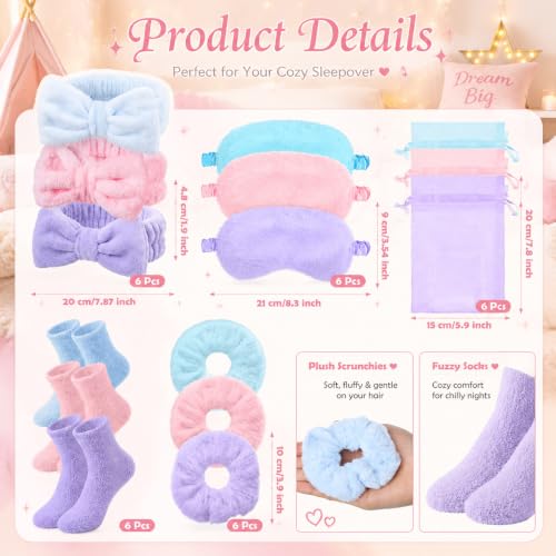 Wavyknot 30 Pcs Spa Party Favors Set with Headbands, Eye Masks, Socks & Organza Bags - Pink, Blue, Purple