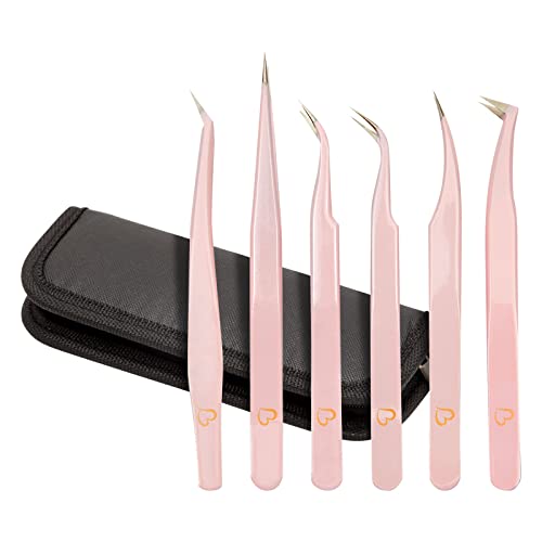 Okuna Outpost Precision Lash Tweezers Set - Stainless Steel Tools for Eyelash Extension Kit - Travel Pouch & Tweezers for Lash Extensions with Case - 6pc Light Pink