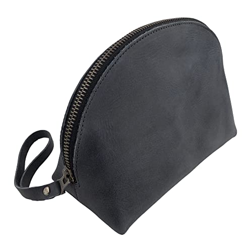 Hide & Drink Charcoal Black Leather Travel Makeup Organizer with Hand Strap