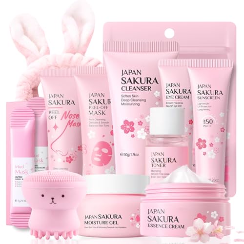 Evolvique Sakura Teen Skincare Set - Hydrating 11-Piece Gift Kit with Bunny Headband - Travel Size
