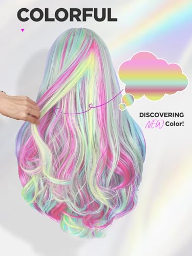 WIGER Multicolor Long Wavy Rainbow Wig 24 Inch Cosplay Costume Hair for Women Girls
