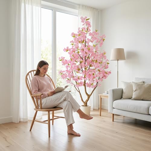 6ft Artificial Cherry Blossom Tree with White Planter - Sakura Flower Decor - Variation of Chery Blossom Tree