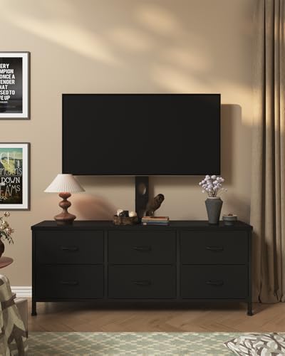 DrawXynth Black TV Stand with Mount and 6 Fabric Drawers for 32-75 Inch TVs