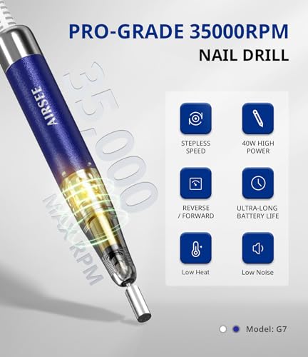AIRSEE Professional Rechargeable Cordless Nail Drill G7 Blue - High-Speed Manicure Tool