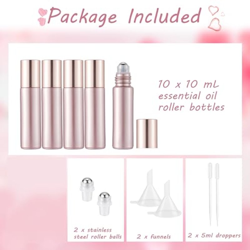 10 Pack 10mL Essential Oil Roller Bottles Empty Glass Roll On Bottles Rose Gold with Stainless Steel Ball Applicator for Perfume Refillable Leak Proof Travel Portable DIY Craft Eye Care Sample