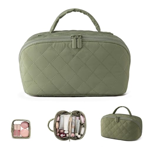 Petition Makeup Bag for Woman, Festivalment Makeup Bag, Wide Open Lay-Flat Water-Resistant Cosmetic Case, Puffy Padded Organizer for Toiletries & Brushes Large Capacity with Compartments (Green)