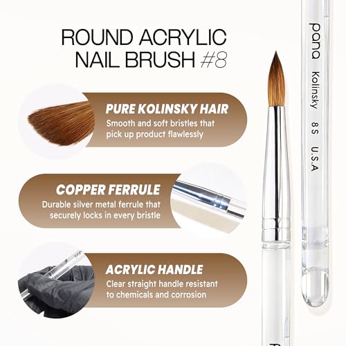 PANA Pure Kolinsky Nail Brush Size 8 Clear Acrylic Handle for Nail Art & Extensions