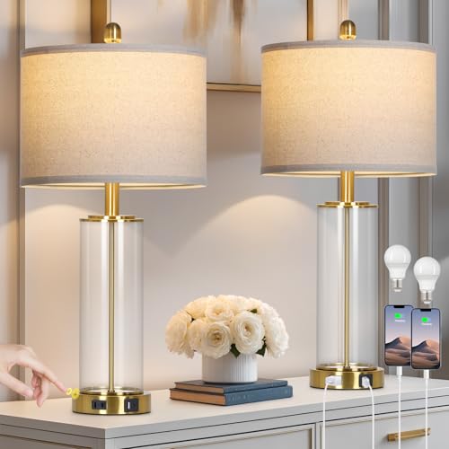 26-Inch Gold Glass Table Lamps Set of 2 - Dimmable Touch Control Bedside Lamps with USB & Power Outlet - Modern Living Room Decor Variation: Gold-26-Inch-2PK