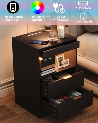 Yusong RGB LED Nightstand with Charging Station - Black 001