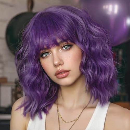 Purple Bangs 14 Inch Short Bob Wig - Heat-Resistant Synthetic Hair for Women (ENTRANCED STYLES)