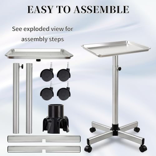 Salon Tray on Wheels, Hair Color Tray Salon Service Rolling Cart with Adjustable Height, Metal Tattoo Trolley Tray for Spa&Home Use, Silver