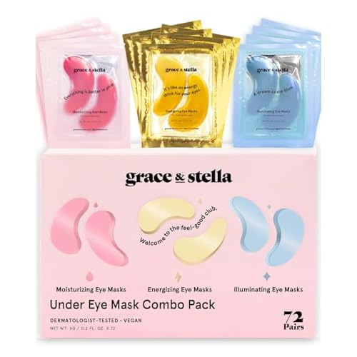 grace & stella Under Eye Mask - Reduce Dark Circles, Puffy Eyes, Undereye Bags, Wrinkles - Gel Under Eye Patches, Bulk Gifts for Women - Vegan Cruelty-Free Self Care (72 Pairs, Gold, Pink, & Blue)